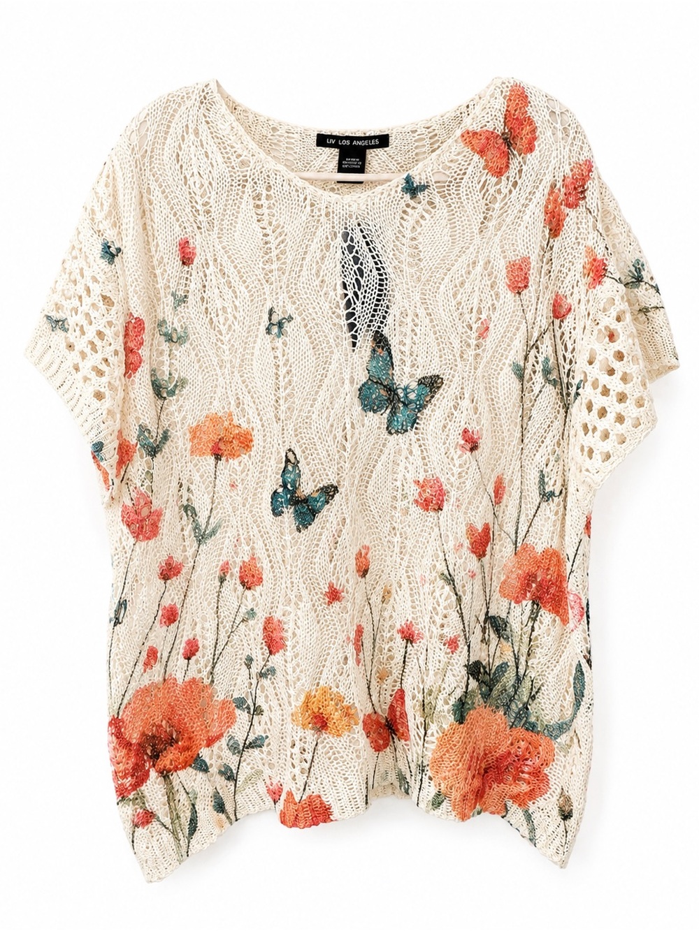 Boho Crochet Floral & Butterfly Open Knit Sweater Top Naturecore Fairy Indie - Picture 2 of 6